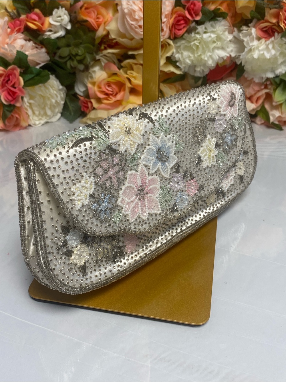 Vintage Hand-Beaded Floral Satin Evening Clutch Mirror & Hughes Comb